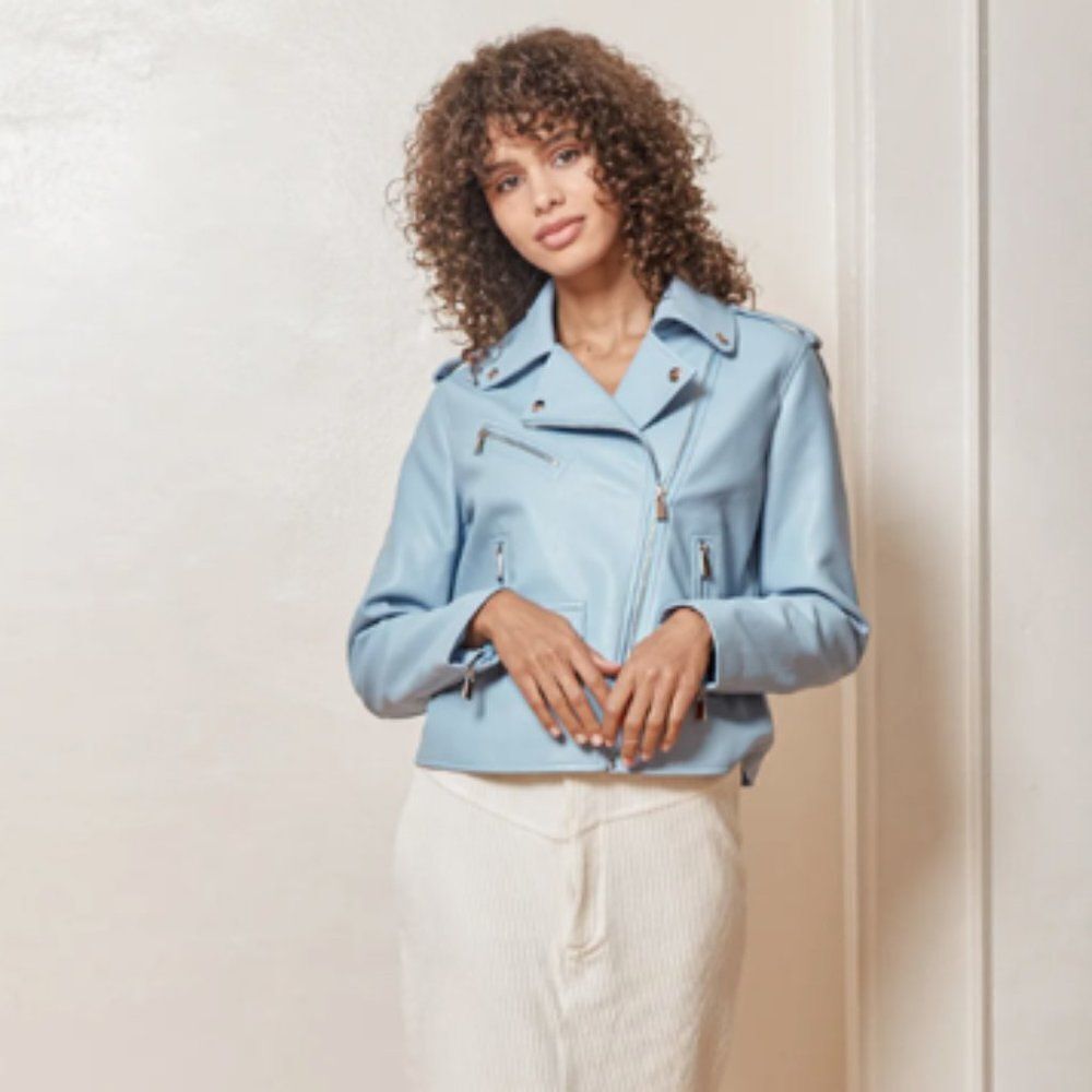LULU'S cropped biker jacket Out for the Night Blue Vegan Leather Moto Jacket NWT - Picture 3 of 8